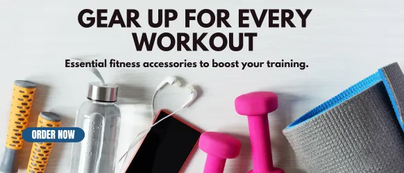 Range of fitness accessories, including resistance bands, water bottles, and gym gloves, designed for every workout routine.